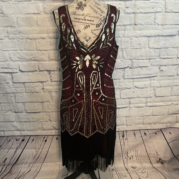 Babeyond Flapper Dress 1920s Style Fringed Beaded Embroidered Sequins V-neck NWT - Picture 7 of 10